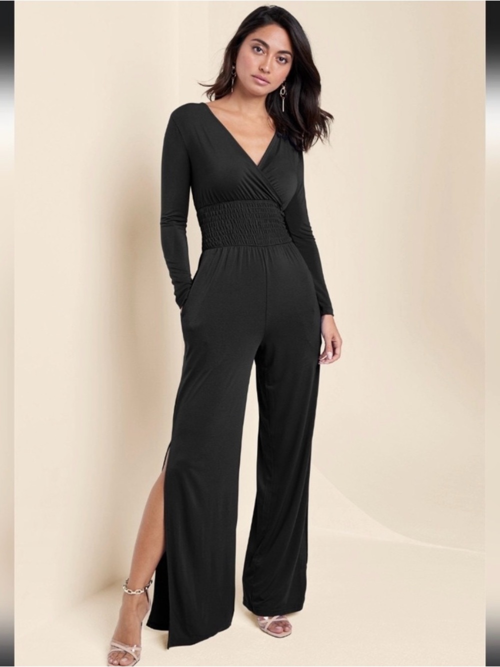 Venus Women’s Size Large Black or Hot Pink Smocked Long-Sleeve Wide-Leg Jumpsuit